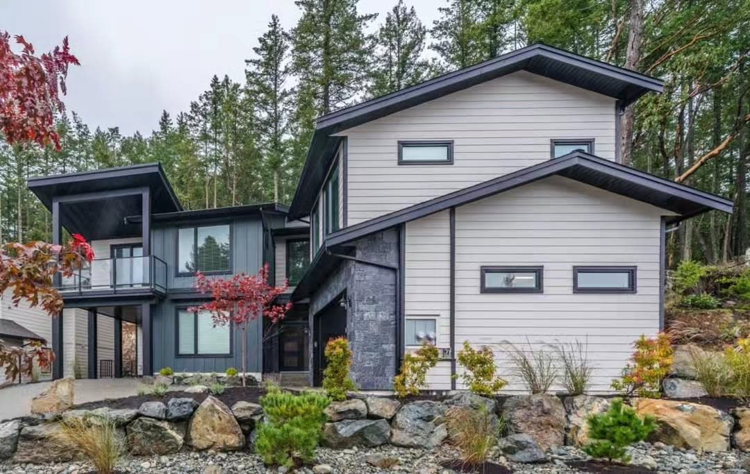 Two-tone modern home with Hardie siding and stone accents