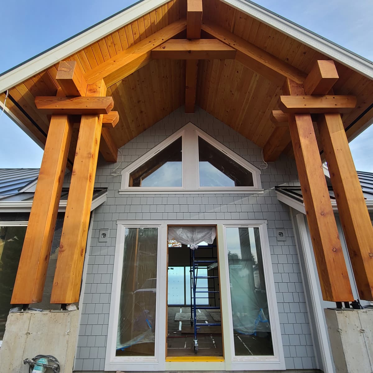 Timber frame entrance with cedar tongue and groove
